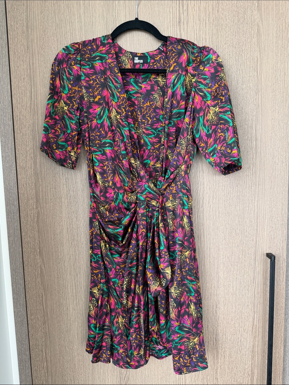 The Kooples Floral Wrap Midi Dress in Black with Pink & Green